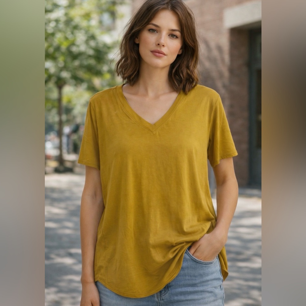 ZENANA Mustard Color Hi Low V Neck Short Sleeve Top Size XL NWT